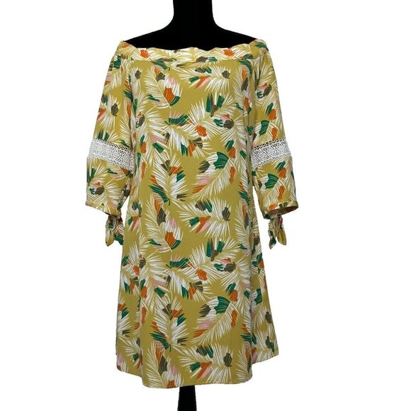 Banana Republic Off the Shoulder Dress Tie Sleeve Yellow Printed Crochet Size 6 - Picture 1 of 9